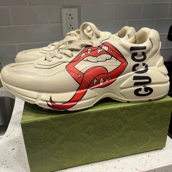 Gucci White Rhyton Leather Sneakers Gucci Rhyton Red Mouth Lips Tongue Shoes - Picture 8 of 16